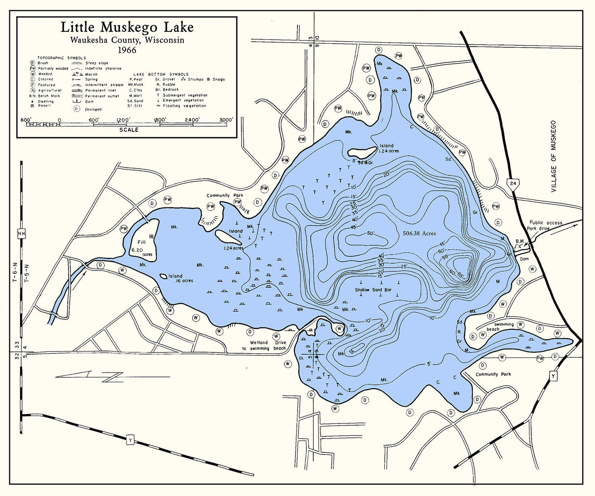 1966 Map of Little Muskego Lake Waukesha County Wisconsin