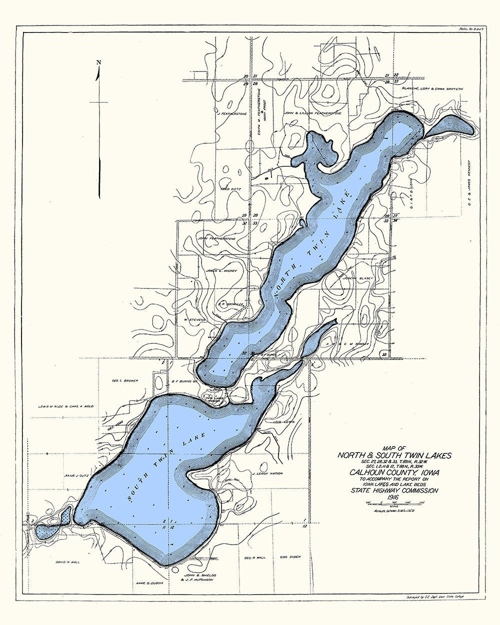 1916 Map of North & South Twin Lakes Calhoun County Iowa