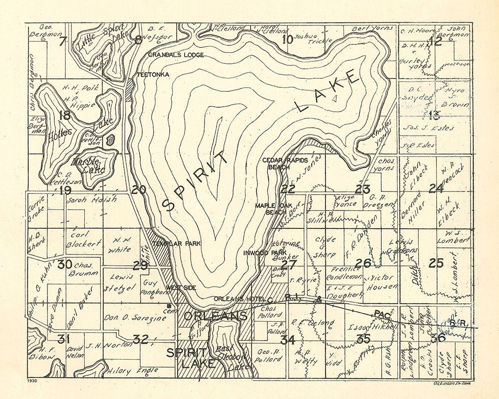 1930 Map of Spirit Lake Dickinson County Iowa