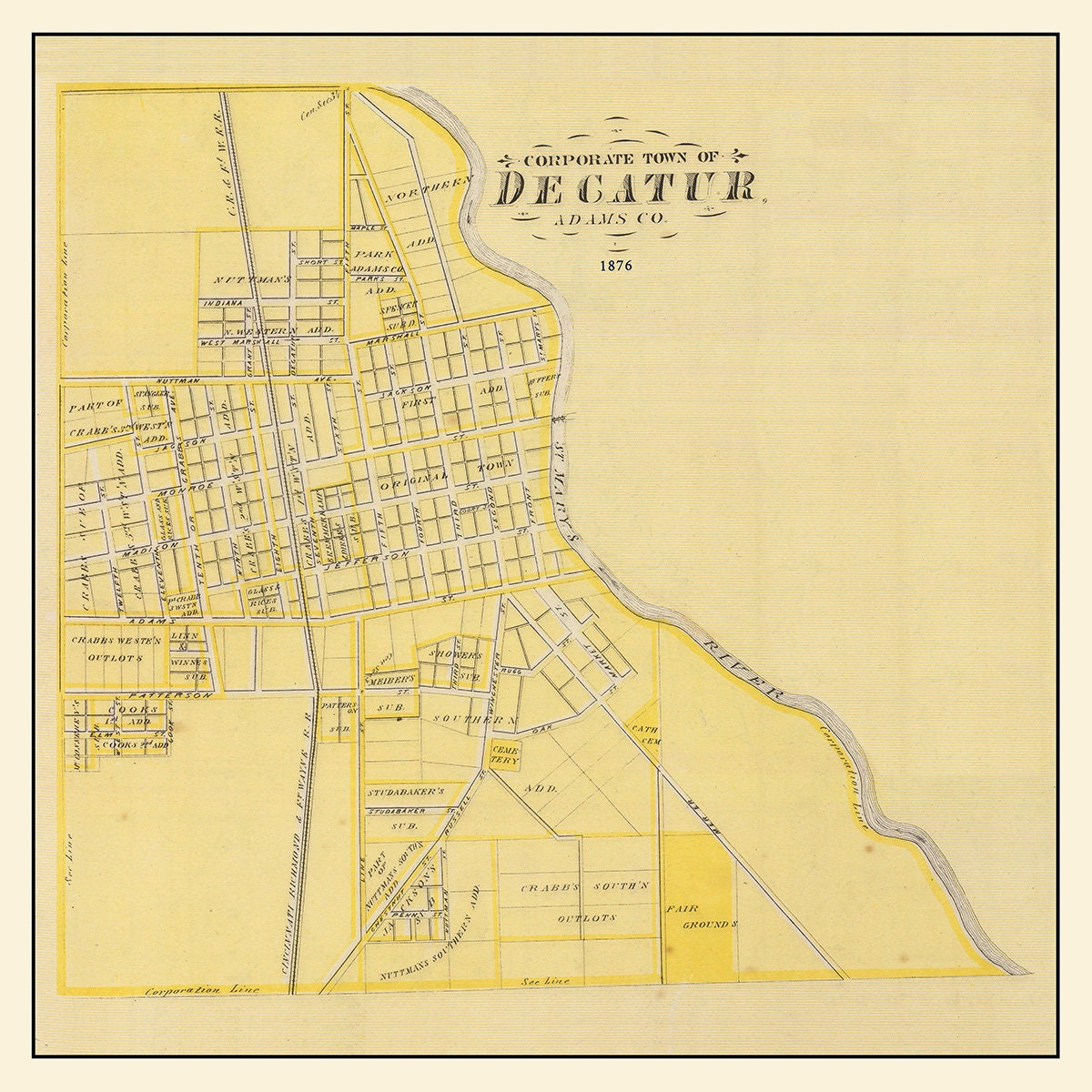 Decatur Indiana Map/location 1876 Town Map of Decatur Adams County Indiana – Genealogical Surveyor