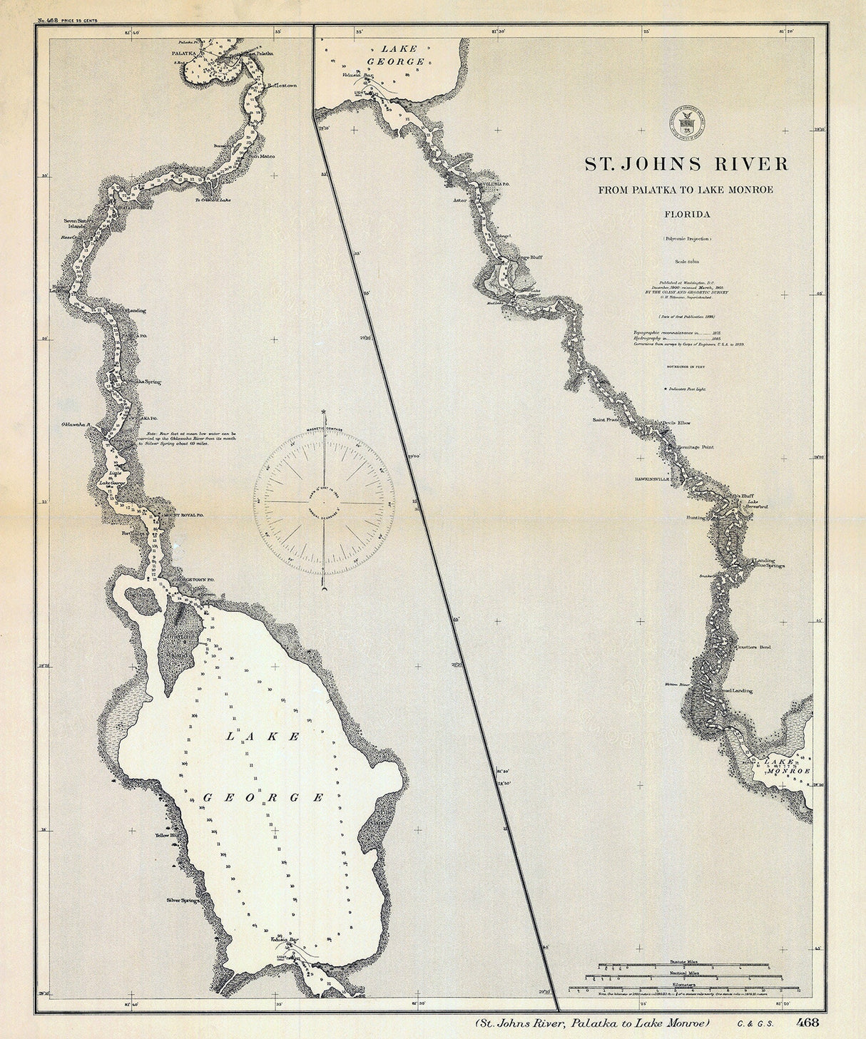 1895 Nautical Chart of St Johns River from Palatka to Lake Monroe
