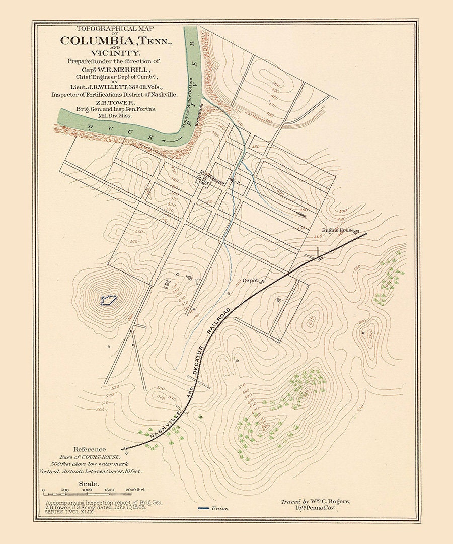 1865 Town Map of Columbia Tennessee