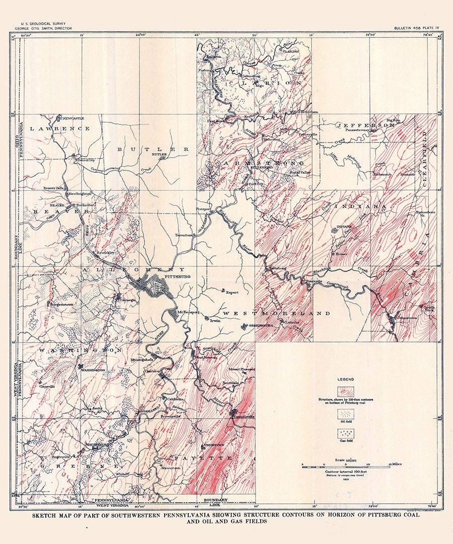 1910 Map of the Oil Fields of South Western Pennsylvania Greene County Washington Allegheny