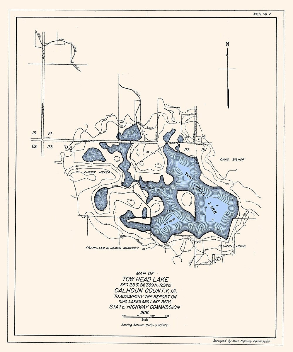 1916 Map of Tow Head Lake Calhoun County Iowa