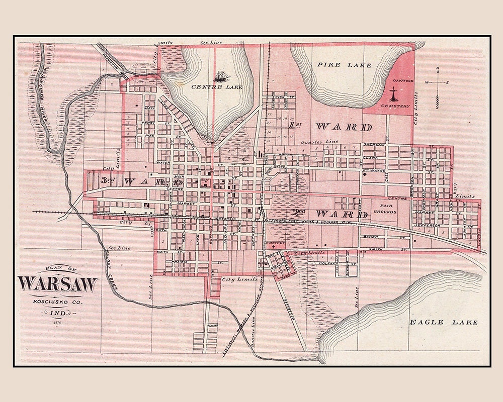 1876 Town Map of Warsaw Kosciusko County Indiana