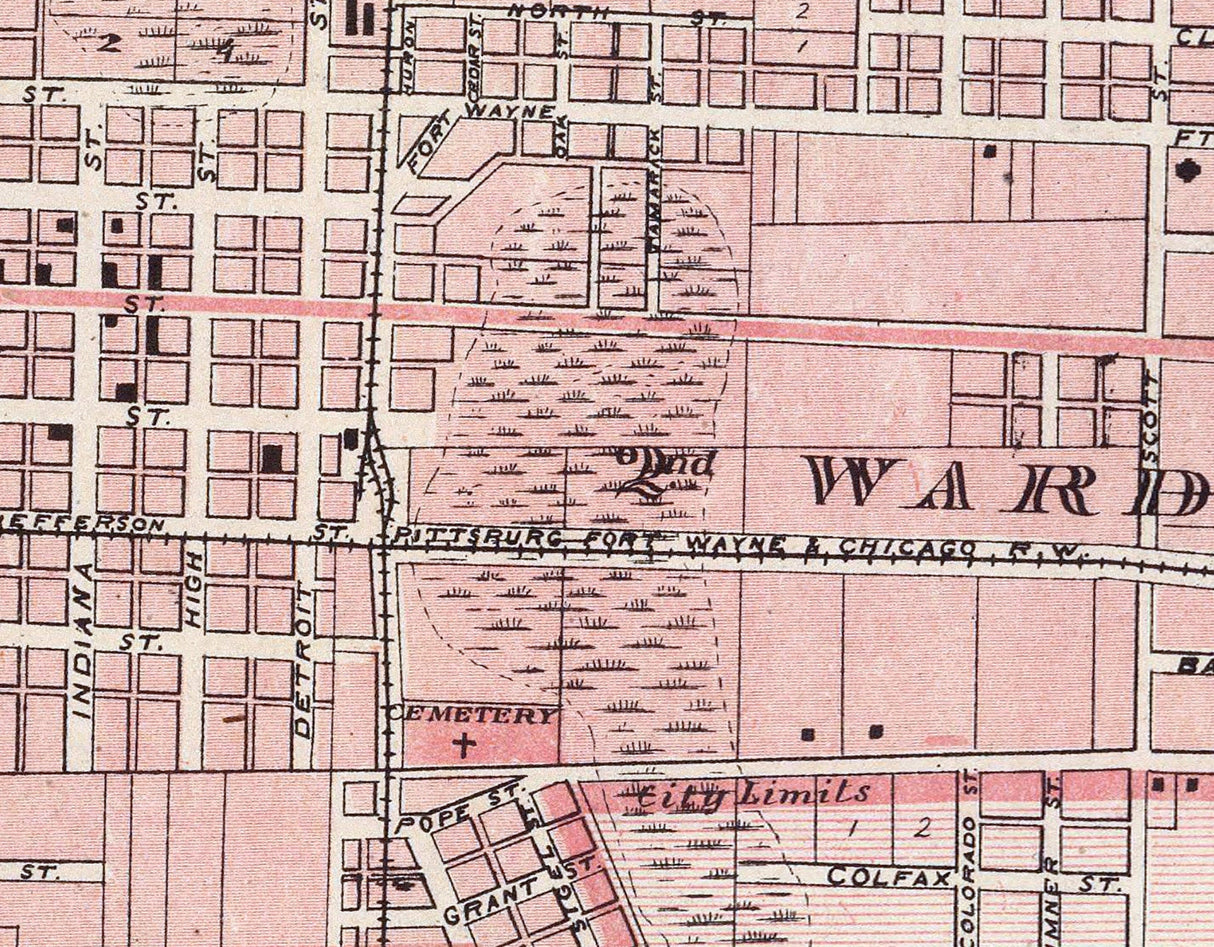 1876 Town Map of Warsaw Kosciusko County Indiana