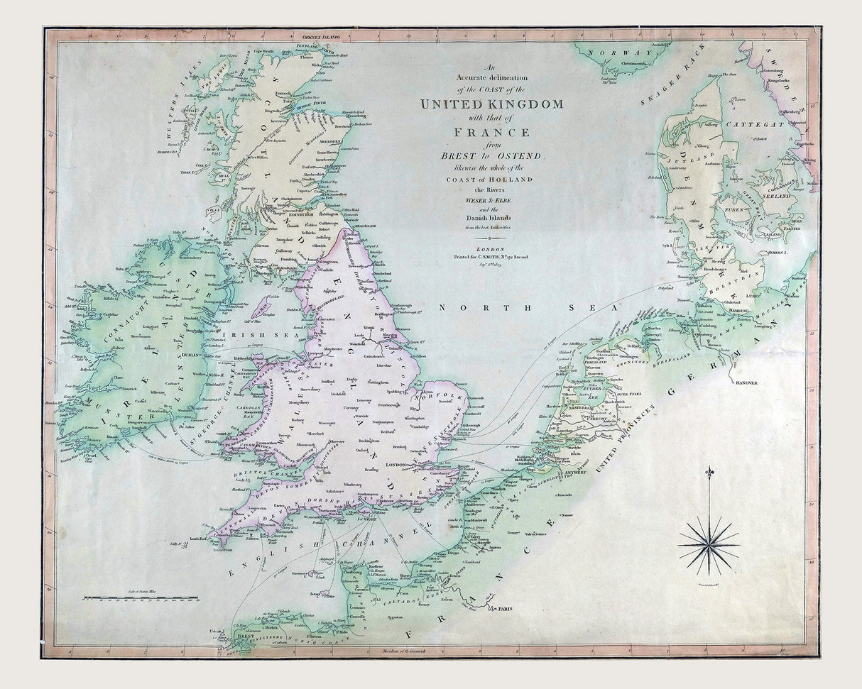 1803 Map of The United Kingdom and Coast of France