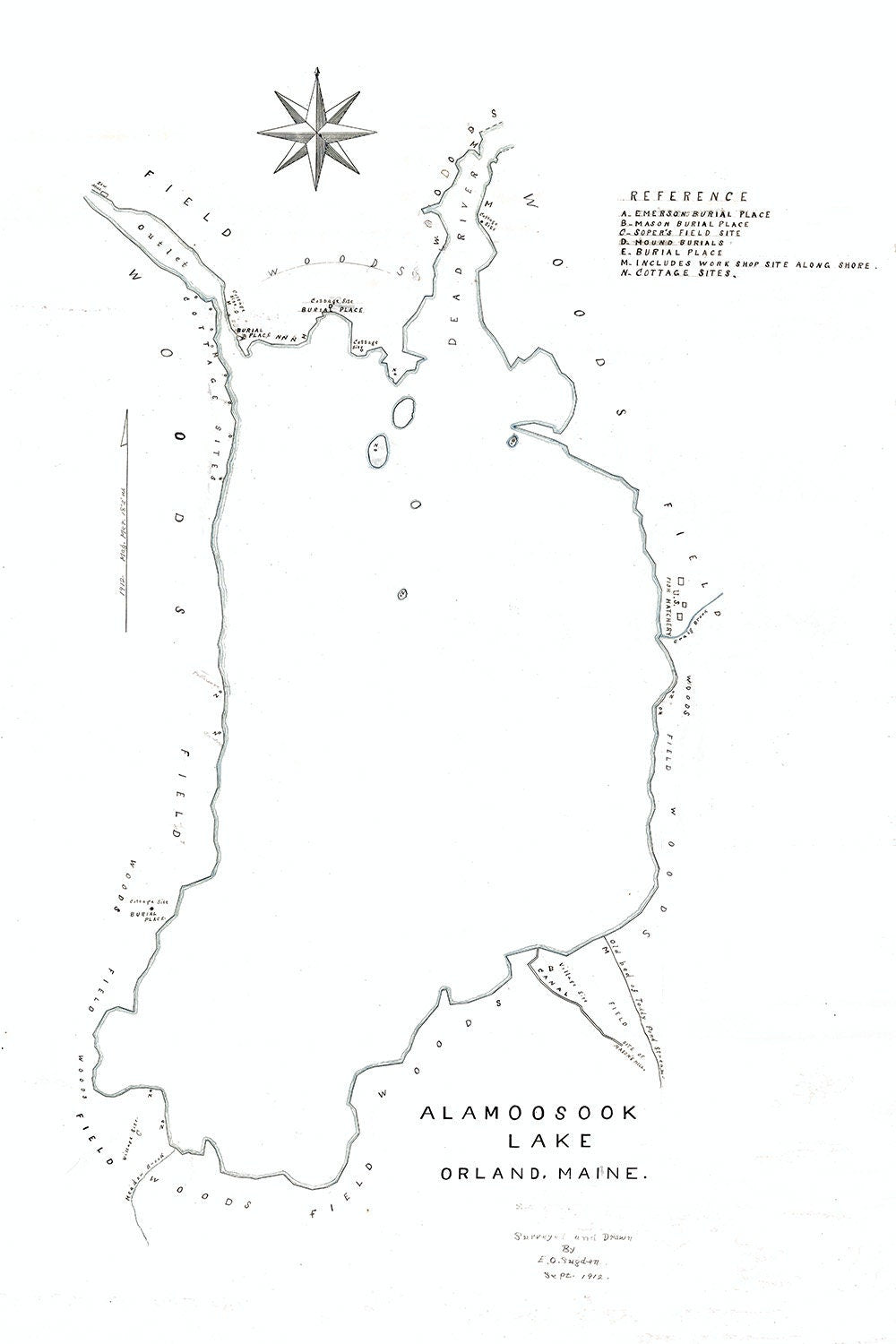 1912 Map of Alamoosook Lake Orland Maine