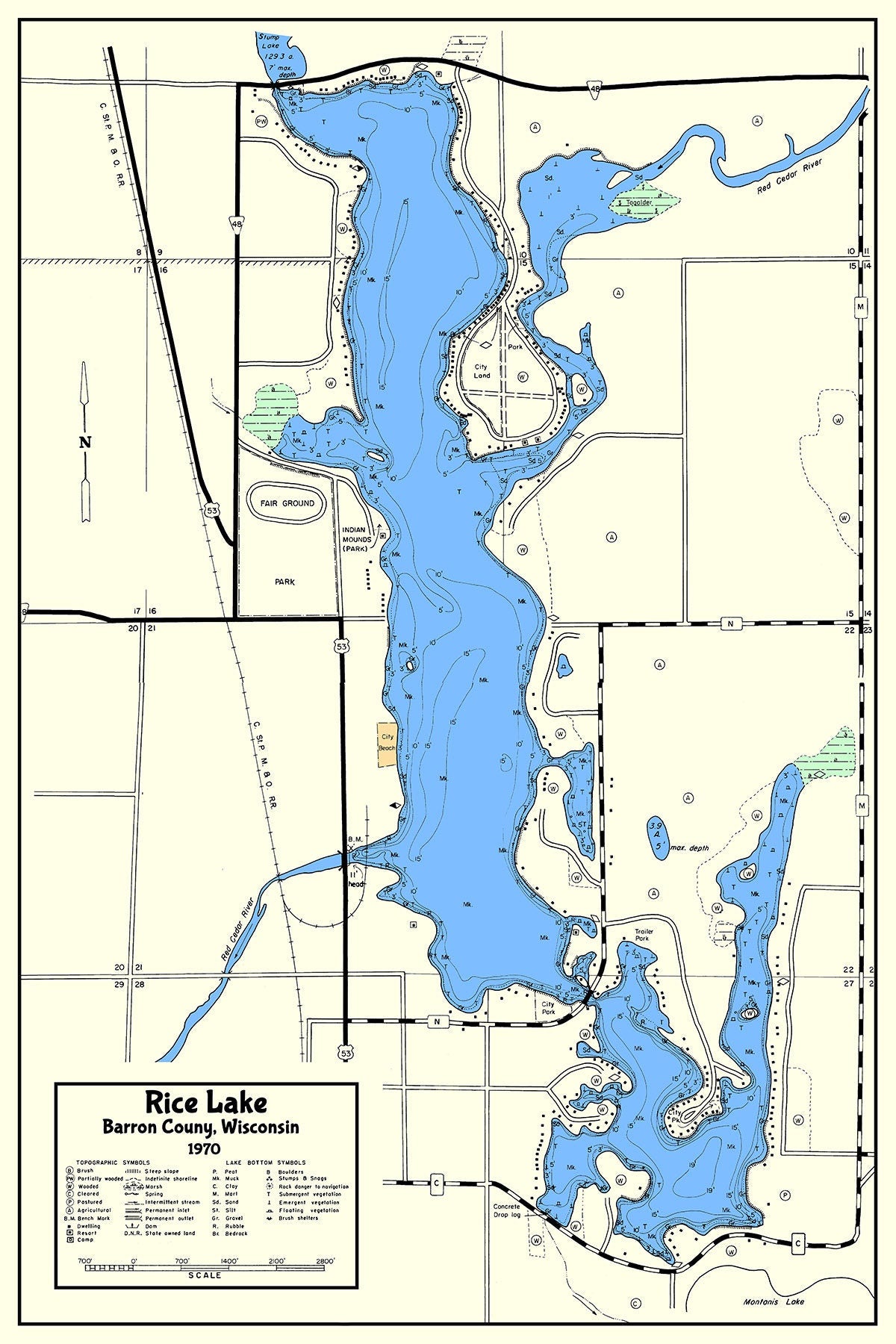 1970 Map of Rice Lake Barron County Wisconsin