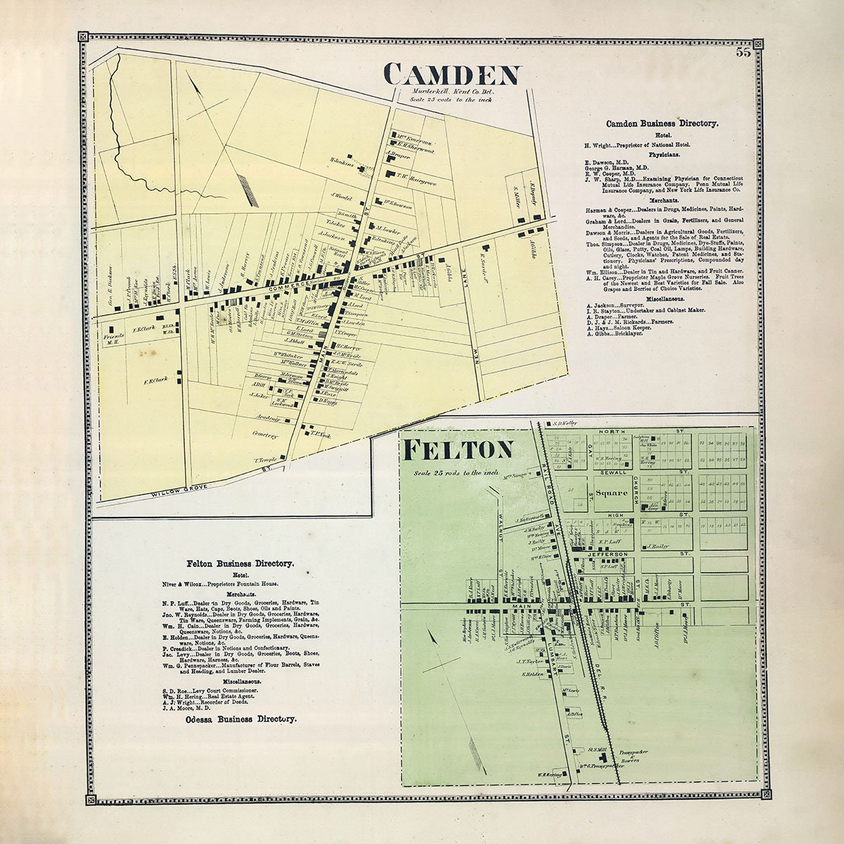 1868 Map of Camden and Felton Kent County Delaware