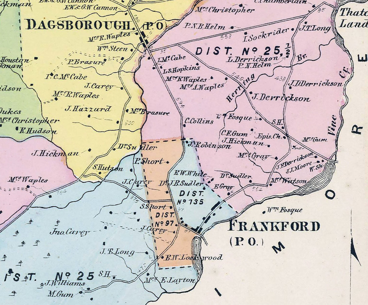 1868 Map of Dagsborough Sussex County Delaware