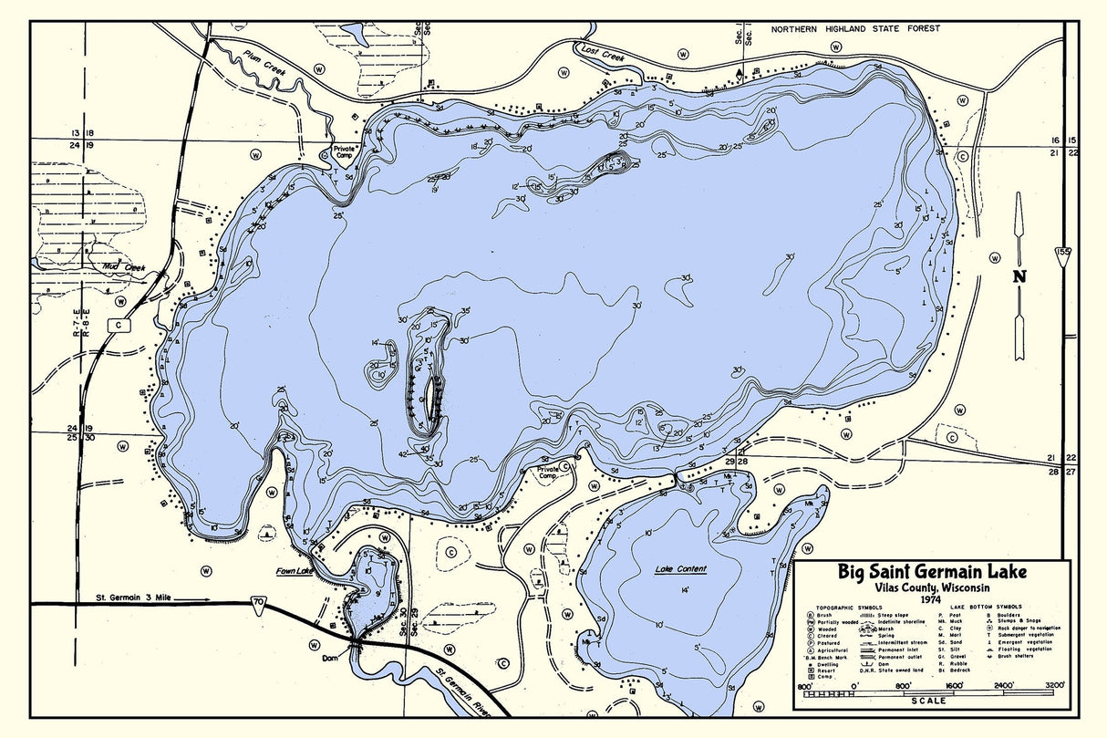 1974 Map of Big Saint Germain Lake Vilas County Wisconsin