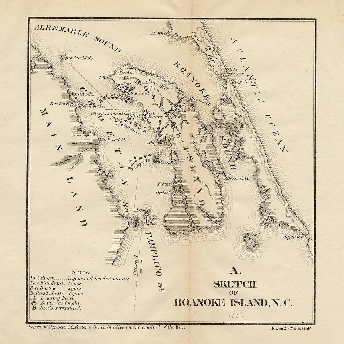 1862 Map of Roanoke Island North Carolina