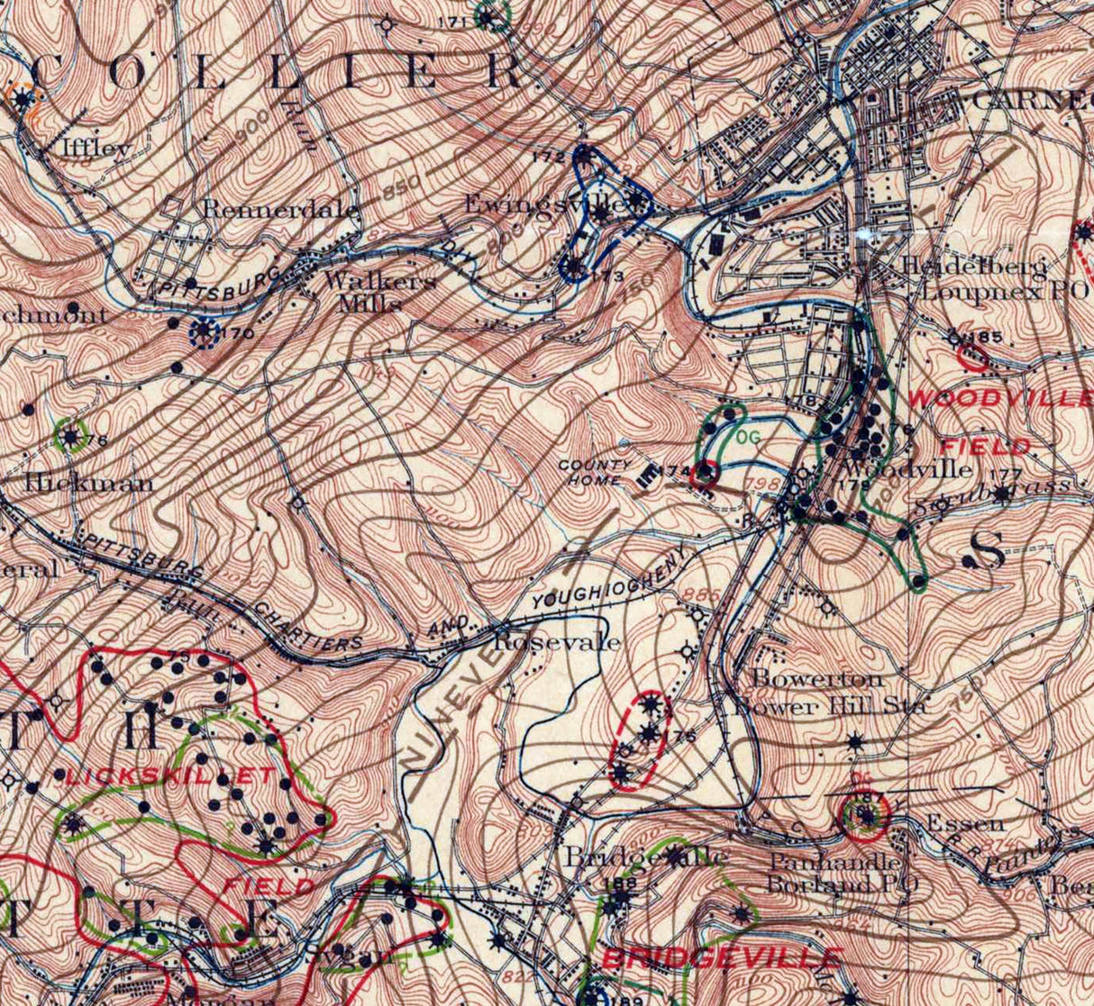 1910 Map of Carnegie Quadrangle Pennsylvania Oil and Gas Fields