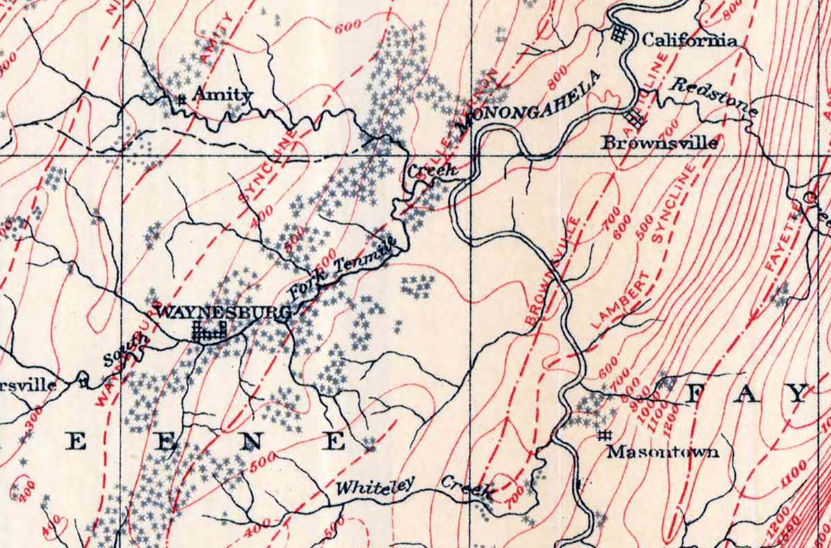 1910 Map of the Oil Fields of South Western Pennsylvania Greene County Washington Allegheny