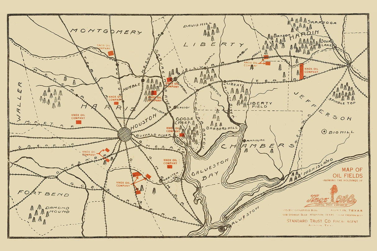 1916 Map of Texas Oil Fields Near Houston and Galveston