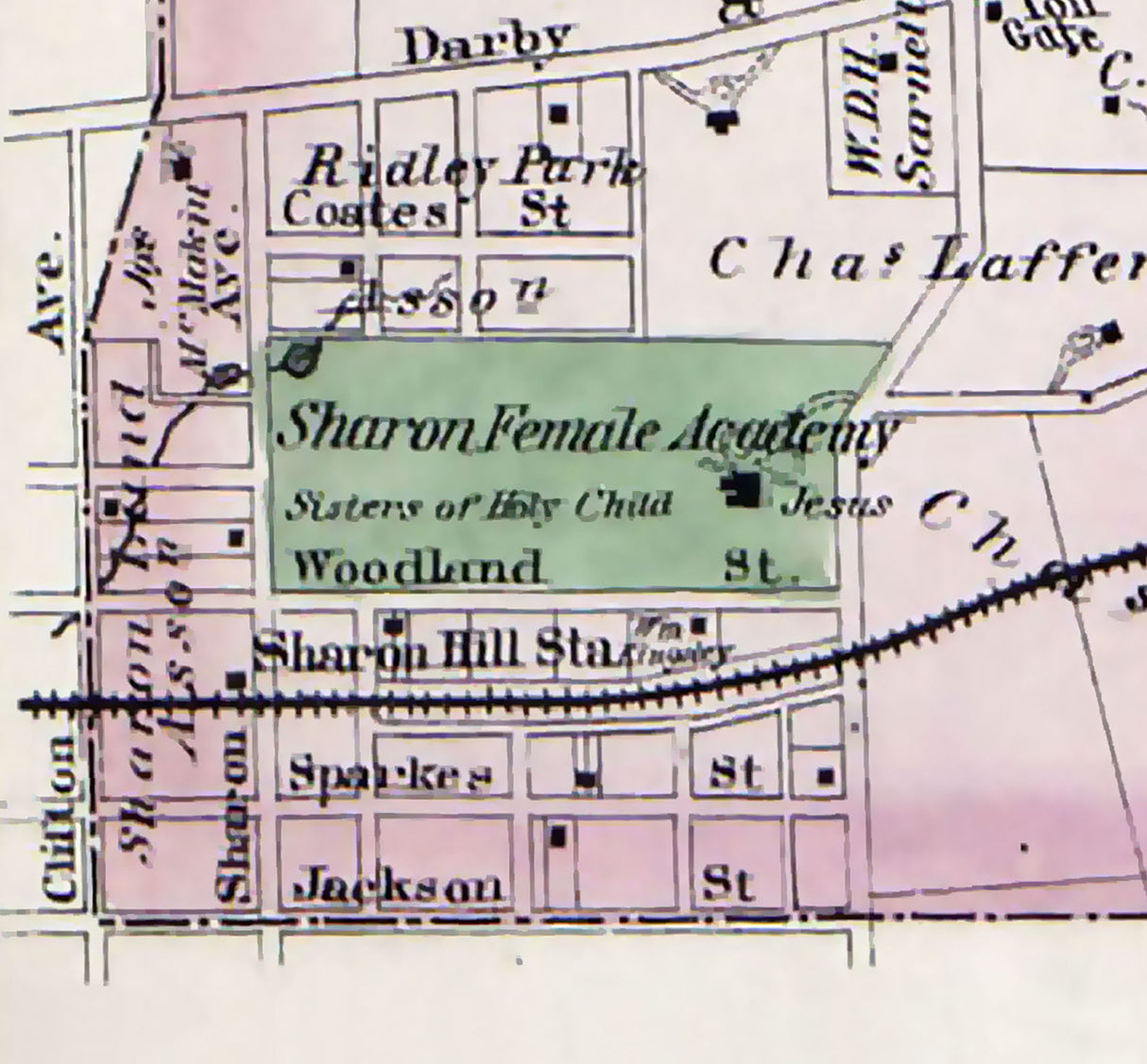 1876 Town Map of Darby Delaware County Pennsylvania