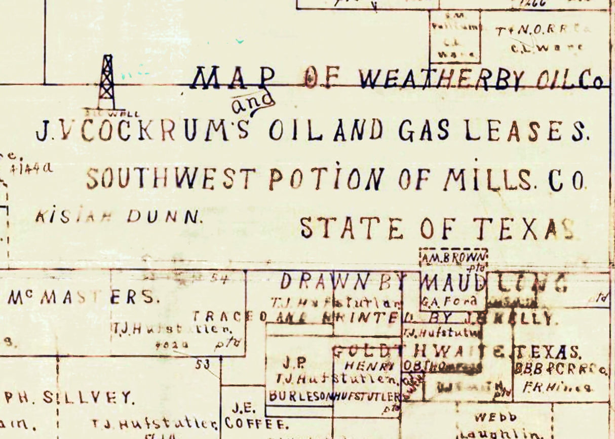 1918 Map of Mills County Texas Oil and Gas Leases Weatherby Oil Company