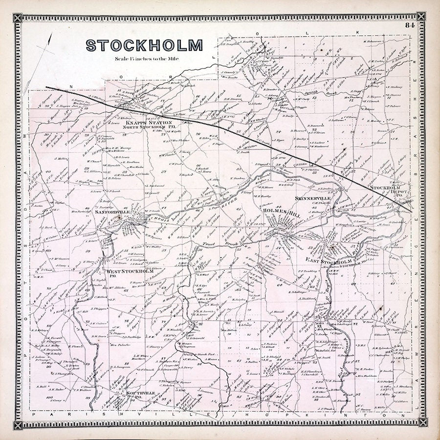 1865 Map of Stockholm Township St Lawrence County New York