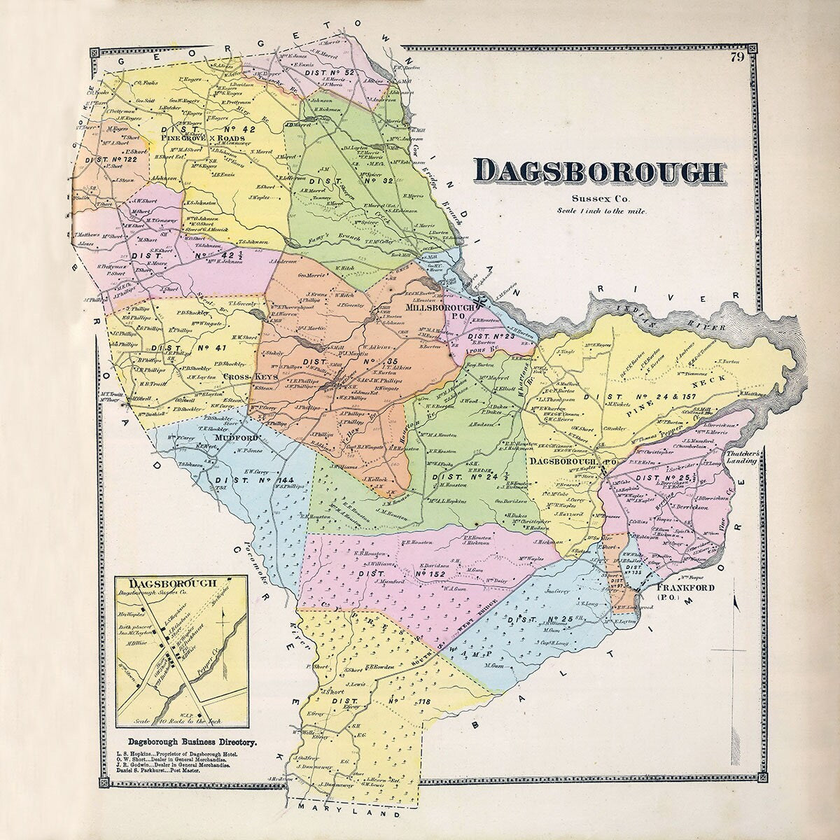 1868 Map of Dagsborough Sussex County Delaware