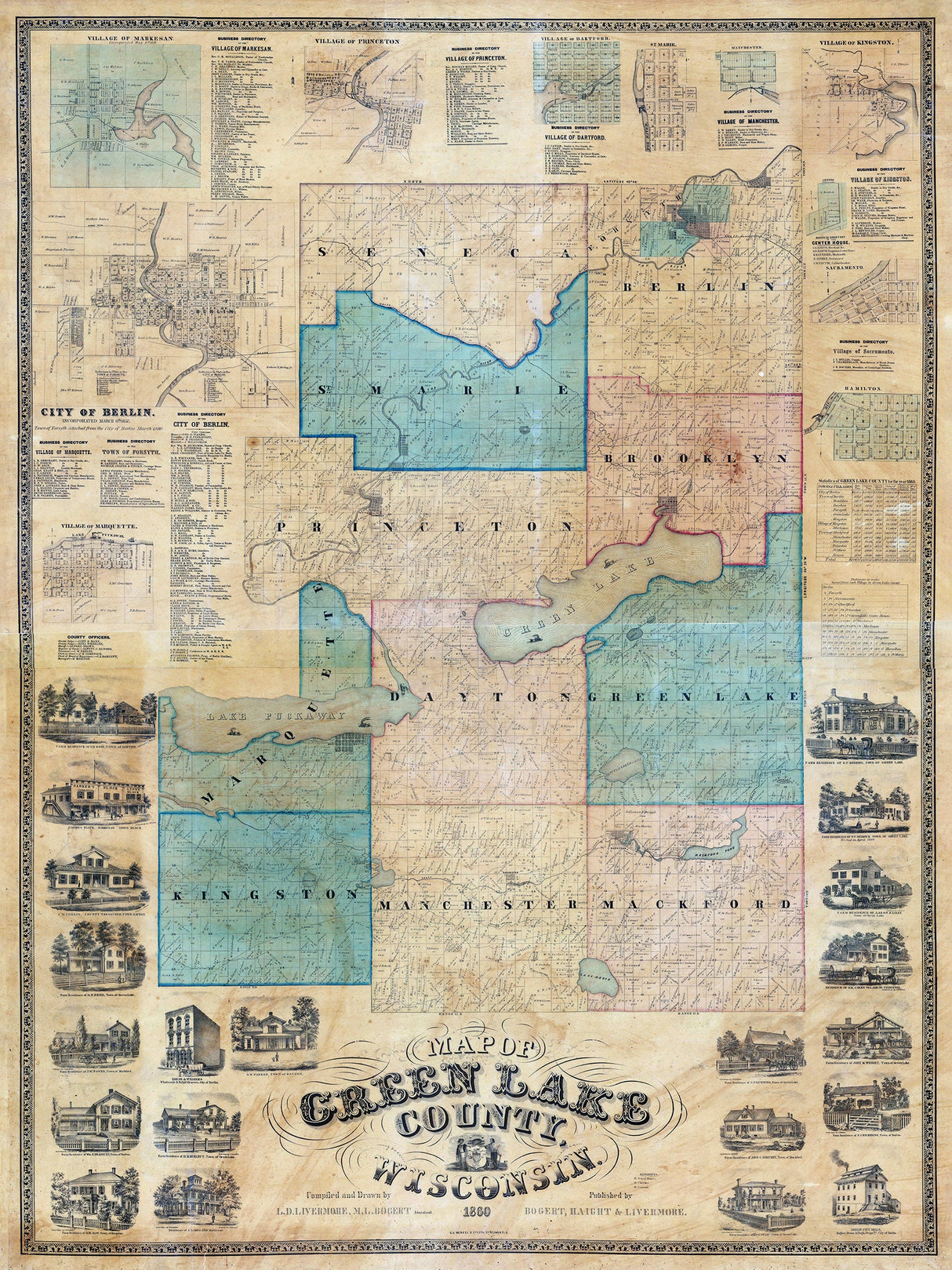 1860 Farm Line Map of Green Lake County Wisconsin