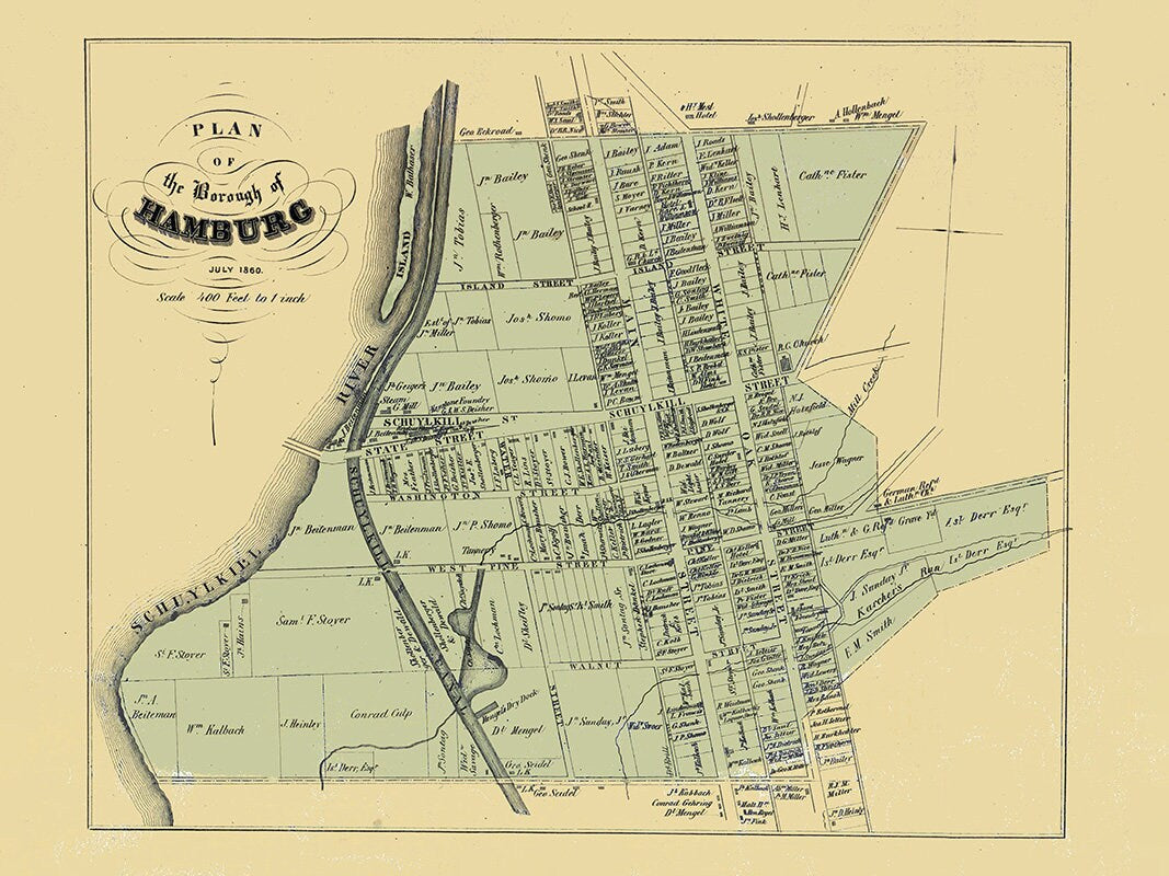 1860 Town Map of Hamburg Berks County Pennsylvania