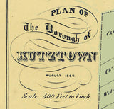 1860 Town Map of Kutztown Berks County Pennsylvania