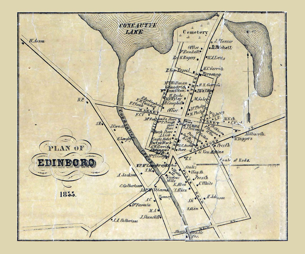 1855 Town Map of Edinboro Erie County Pennsylvania
