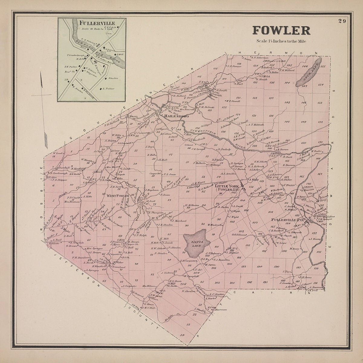 1865 Map of Fowler Township Saint Lawrence County New York