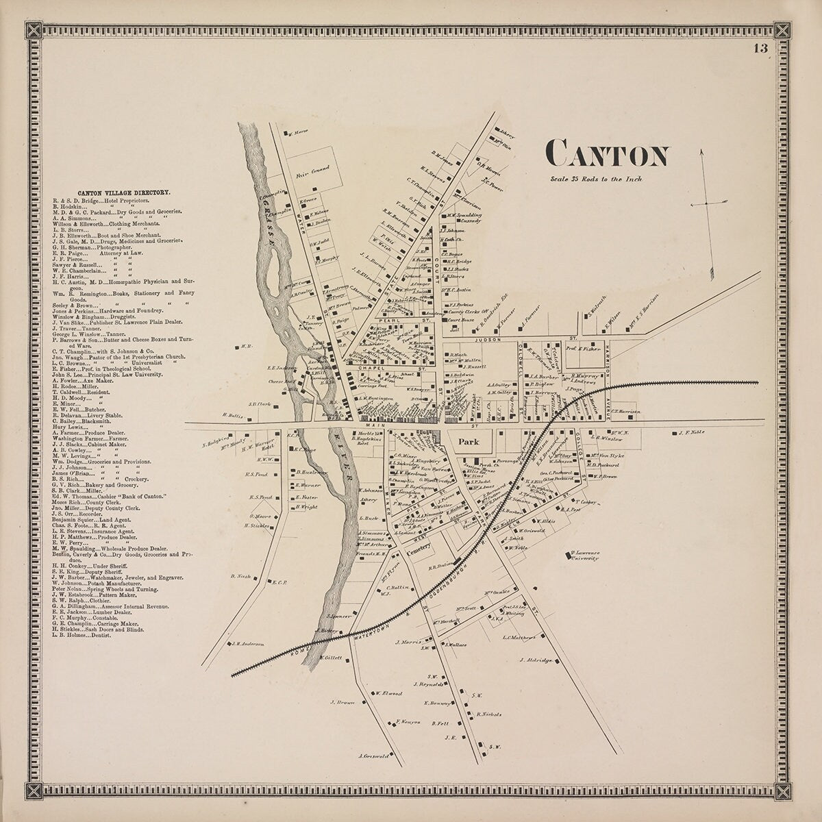 1865 Town Map of Canton Saint Lawrence County New York