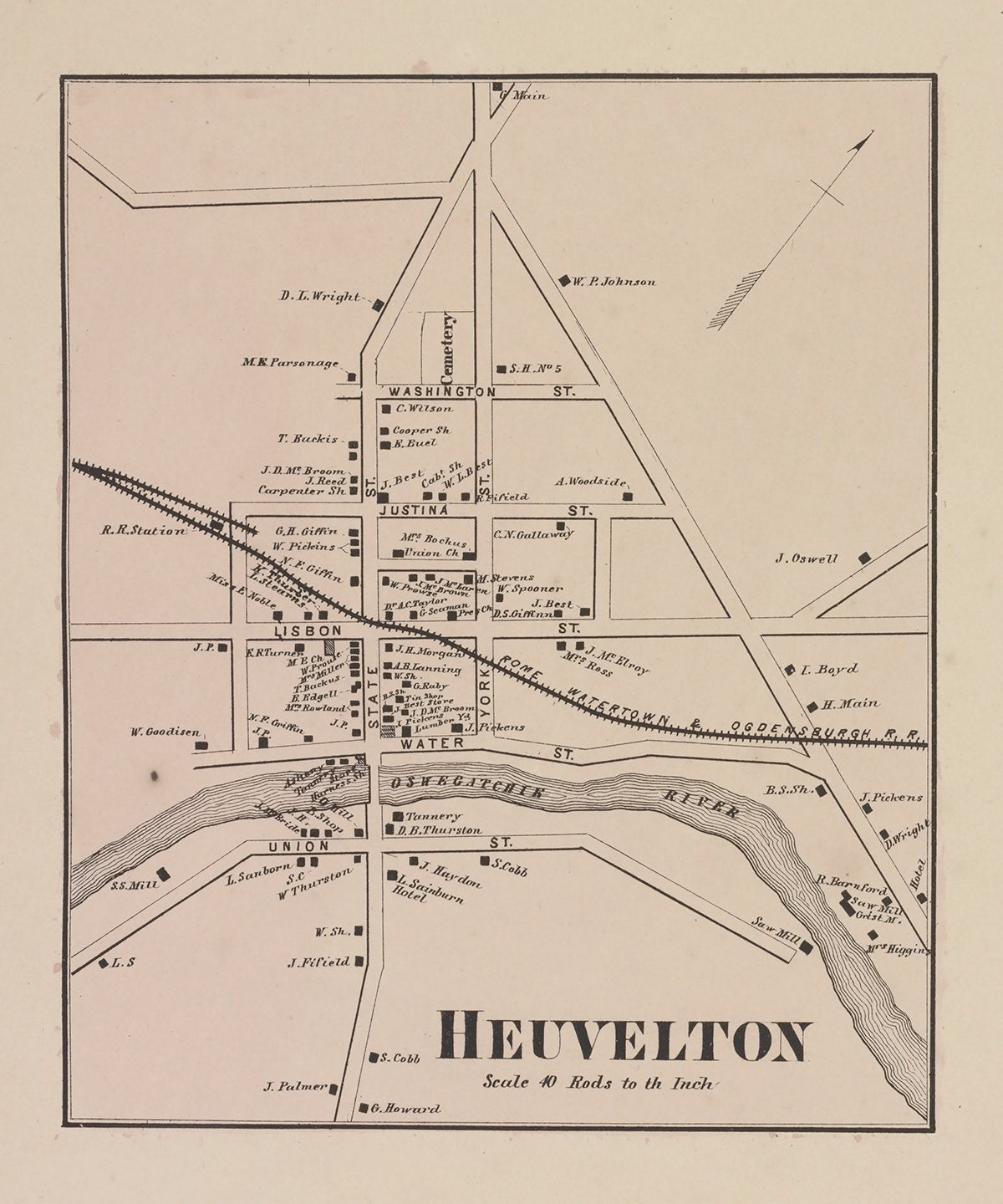 1865 Town Map of Heuvelton Saint Lawrence County New York