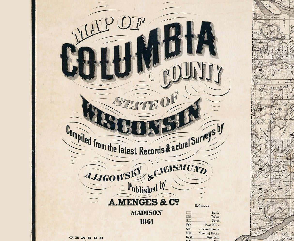 1861 Farm Line Map of Columbia County Wisconsin