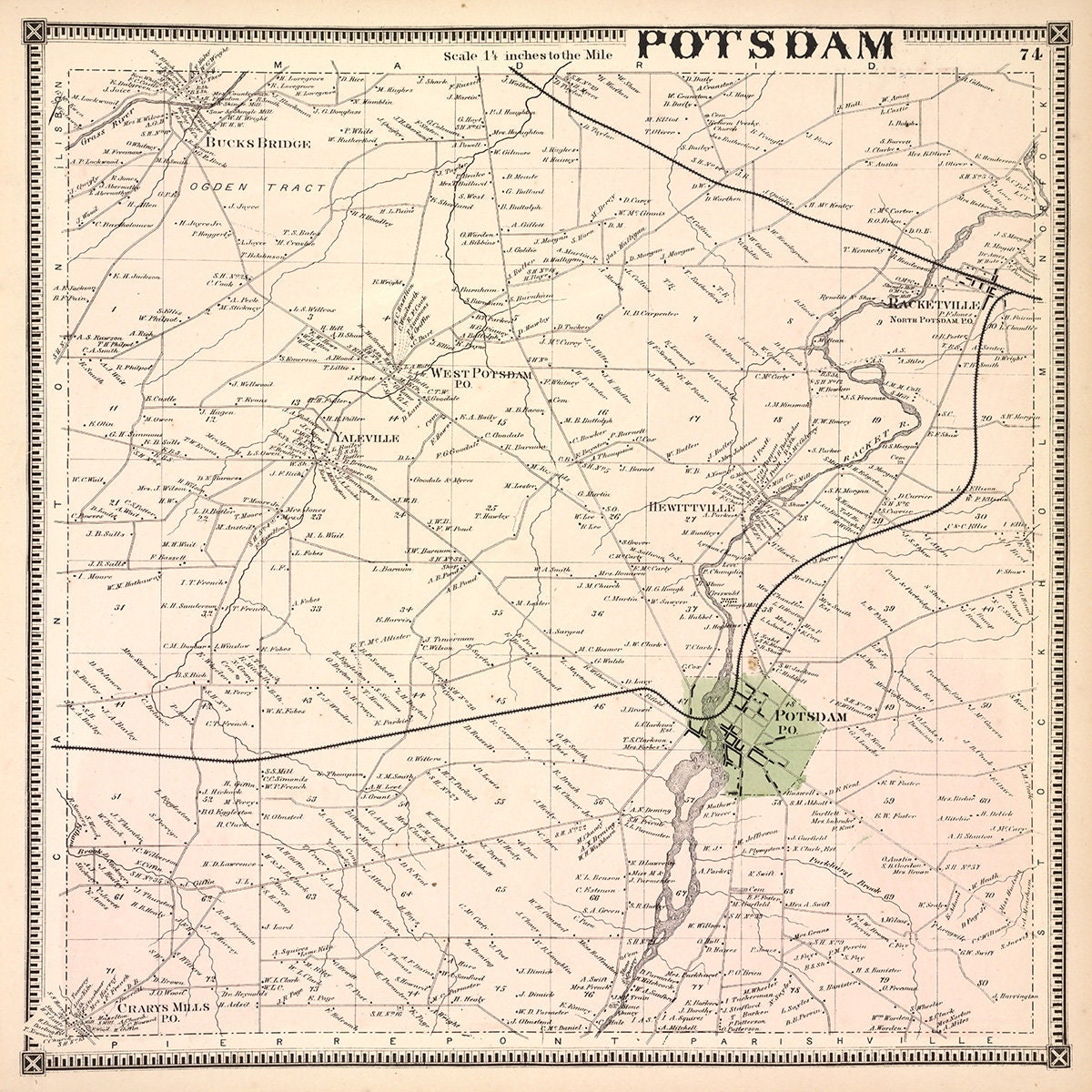 1865 Map of Potsdam Township Saint Lawrence County New York