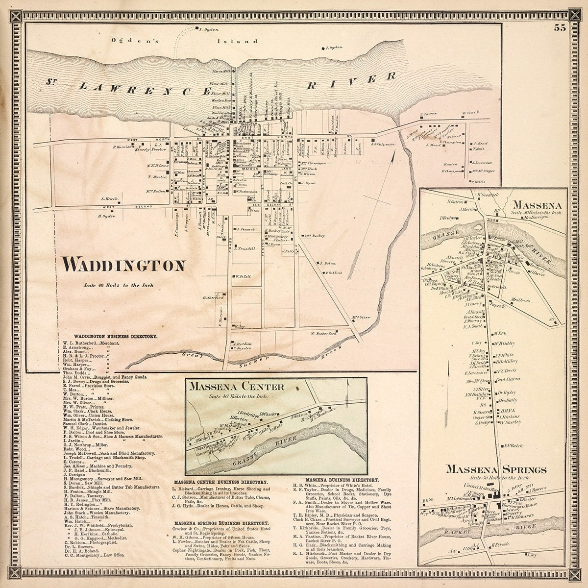 1865 Town Map of Waddington and Massena Saint Lawrence County NY