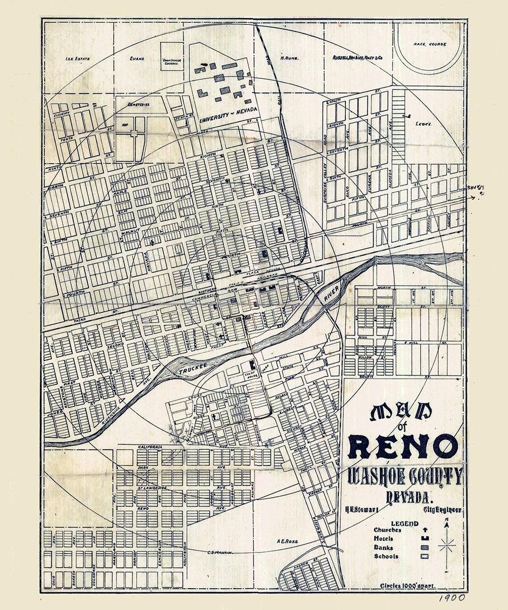 1900 Map of Reno Washoe County Nevada