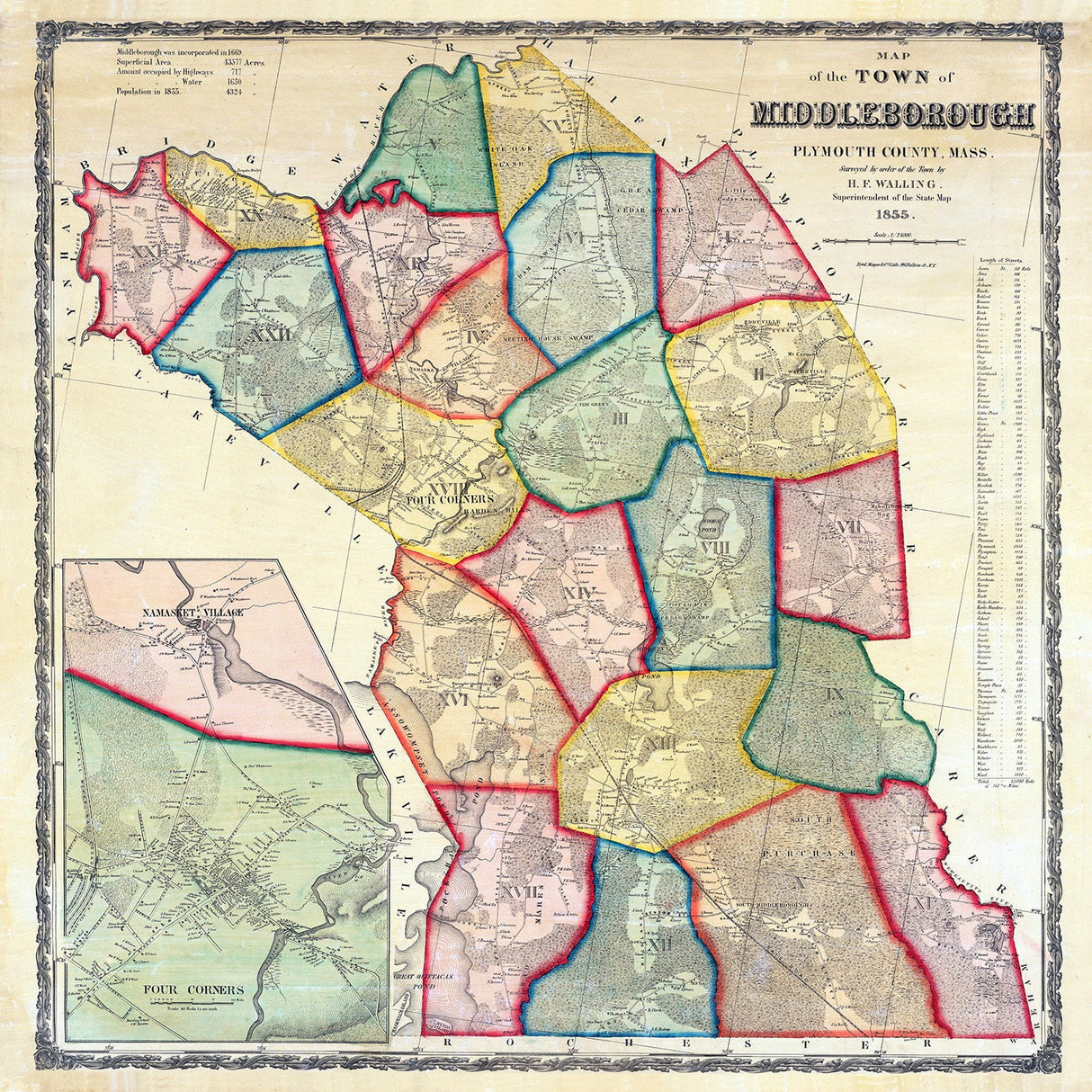 1855 Town Map of Middleborough Plymouth County Massachusetts