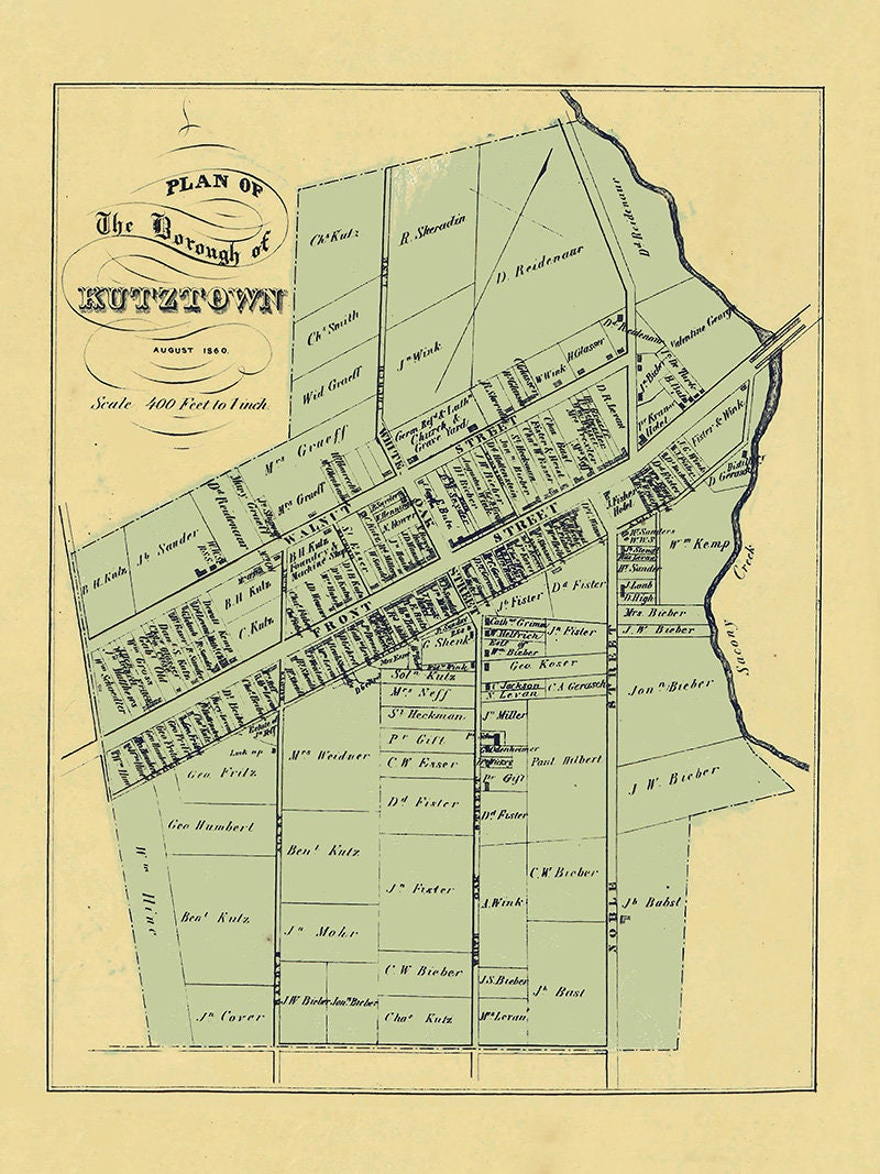 1860 Town Map of Kutztown Berks County Pennsylvania