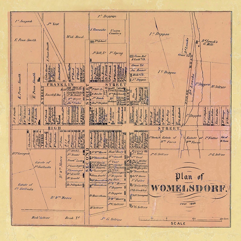 1860 Town Map of Womelsdorf Berks County Pennsylvania