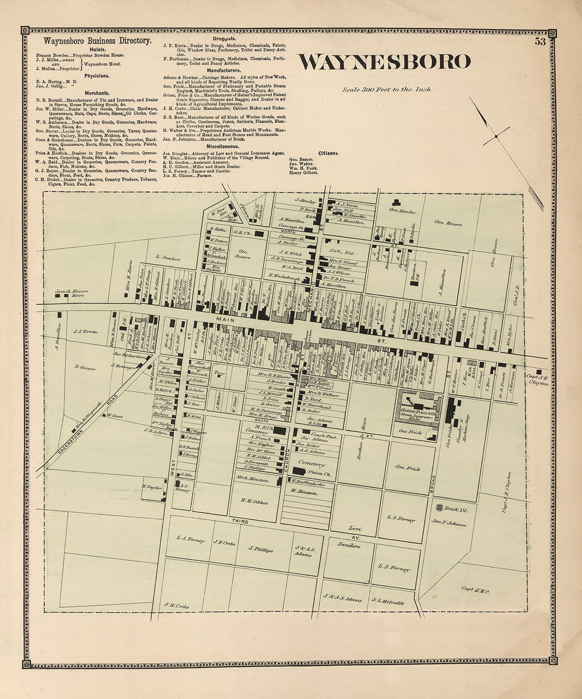 1868 Town Map of Waynesboro Franklin County Pennsylvania