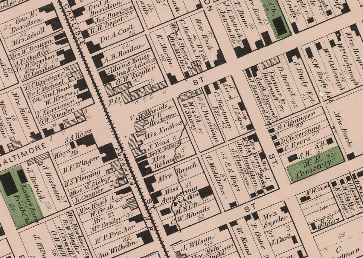 1868 Town Map of Greencastle Franklin County Pennsylvania