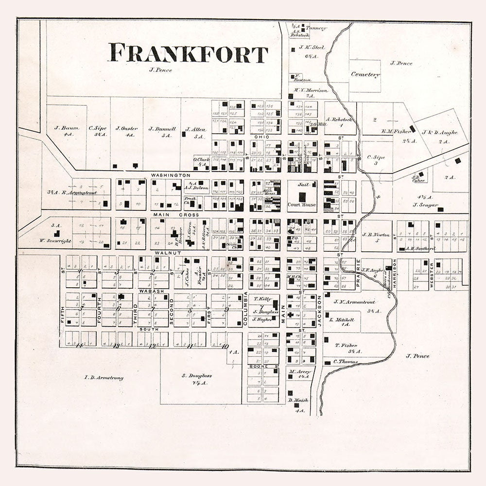1865 Town Map of Frankfort Clinton County Indiana