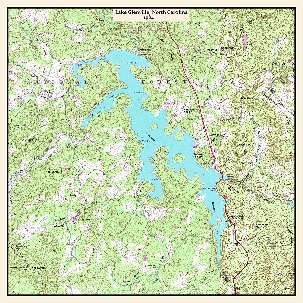 1984 Map of Lake Glenville North Carolina