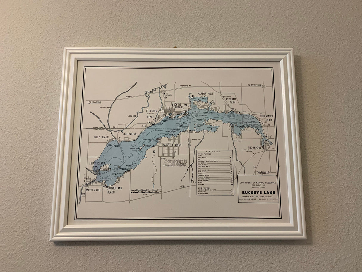 1960 Framed Map of Buckeye Lake Fairfield Perry and Licking County Ohio