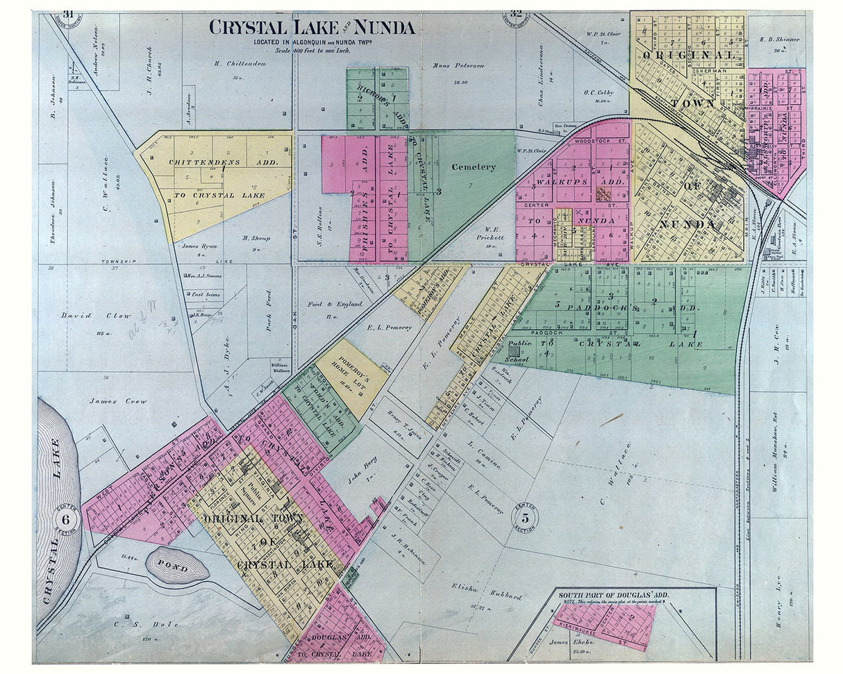 1892 Town Map of Crystal Lake and Nunda McHenry County Illinois