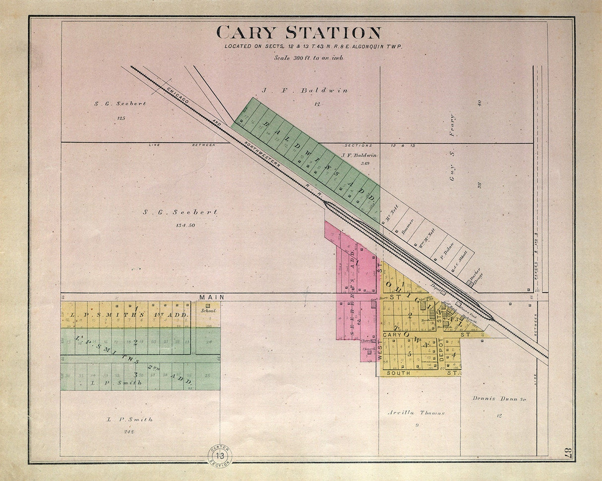 1892 Town Map of Cary Station McHenry County Illinois
