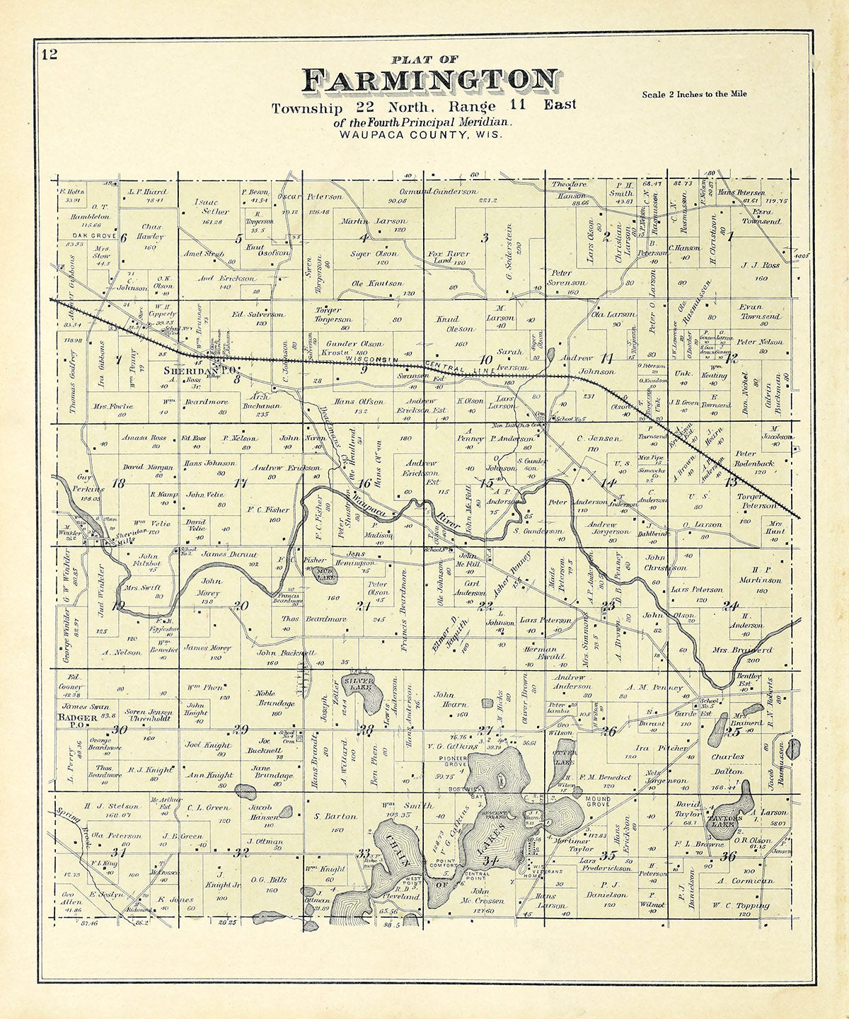 1889 Map of Farmington Township Waupaca County Wisconsin