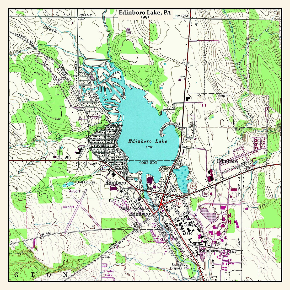 1991 Map of Edinboro Lake Erie County Pennsylvania