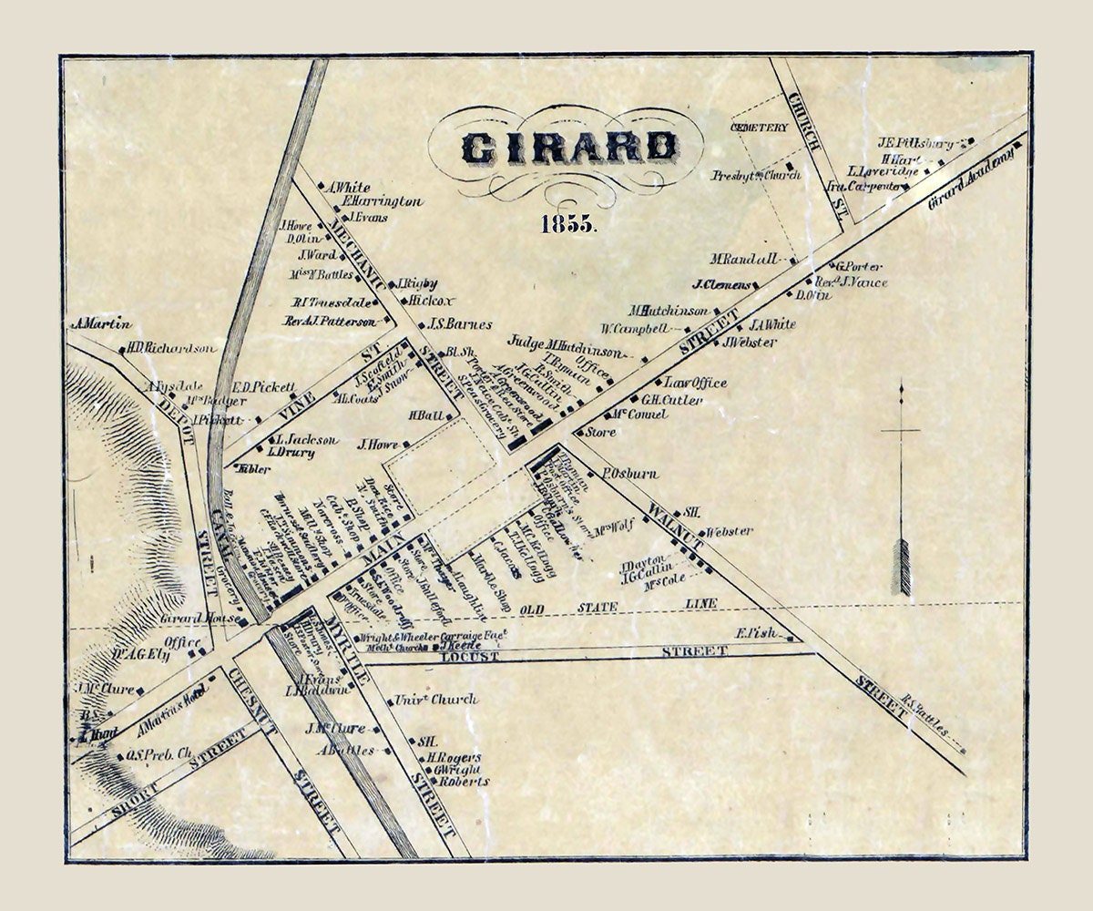 1855 Town Map of Girard Erie County Pennsylvania