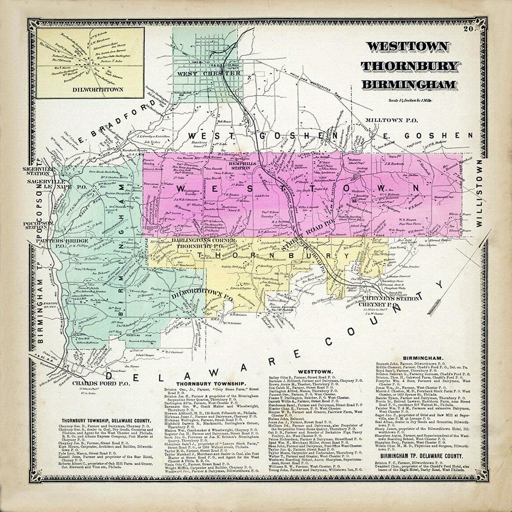 1873 Map of Westtown Thornbury Birmingham Chester County Pennsylvania