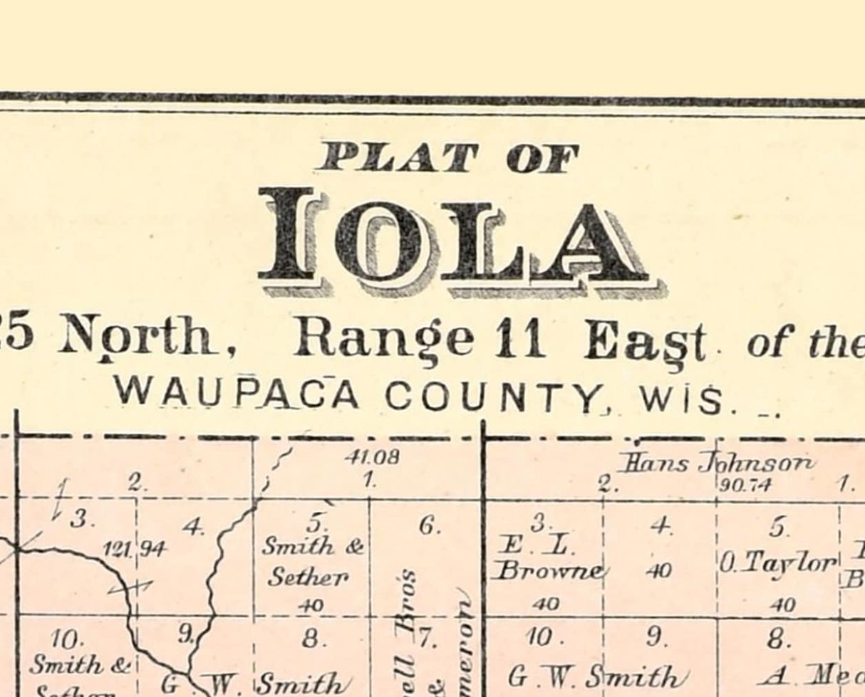 1889 Map of Iola Township Waupaca County Wisconsin